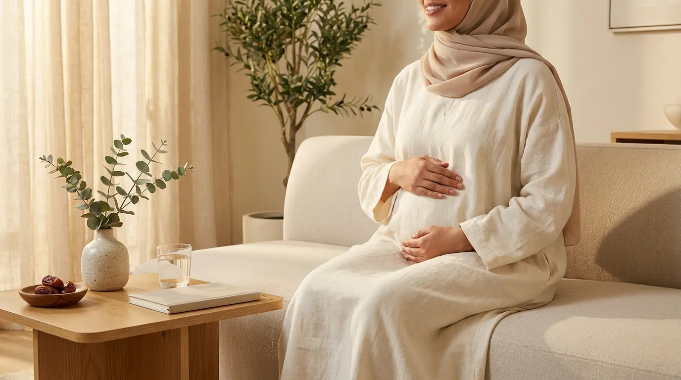 An early-term Saudi pregnant woman sitting in a calm room with hope and balance