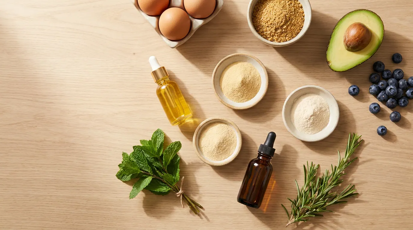 Natural supplements supporting hormone balance: Vitamin D, Inositol, NAC, and Magnesium with natural foods