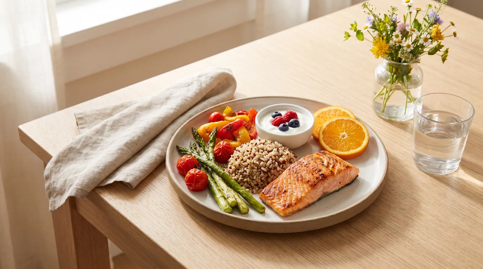 A balanced pregnancy plate with protein, vegetables, whole grains, and fruit