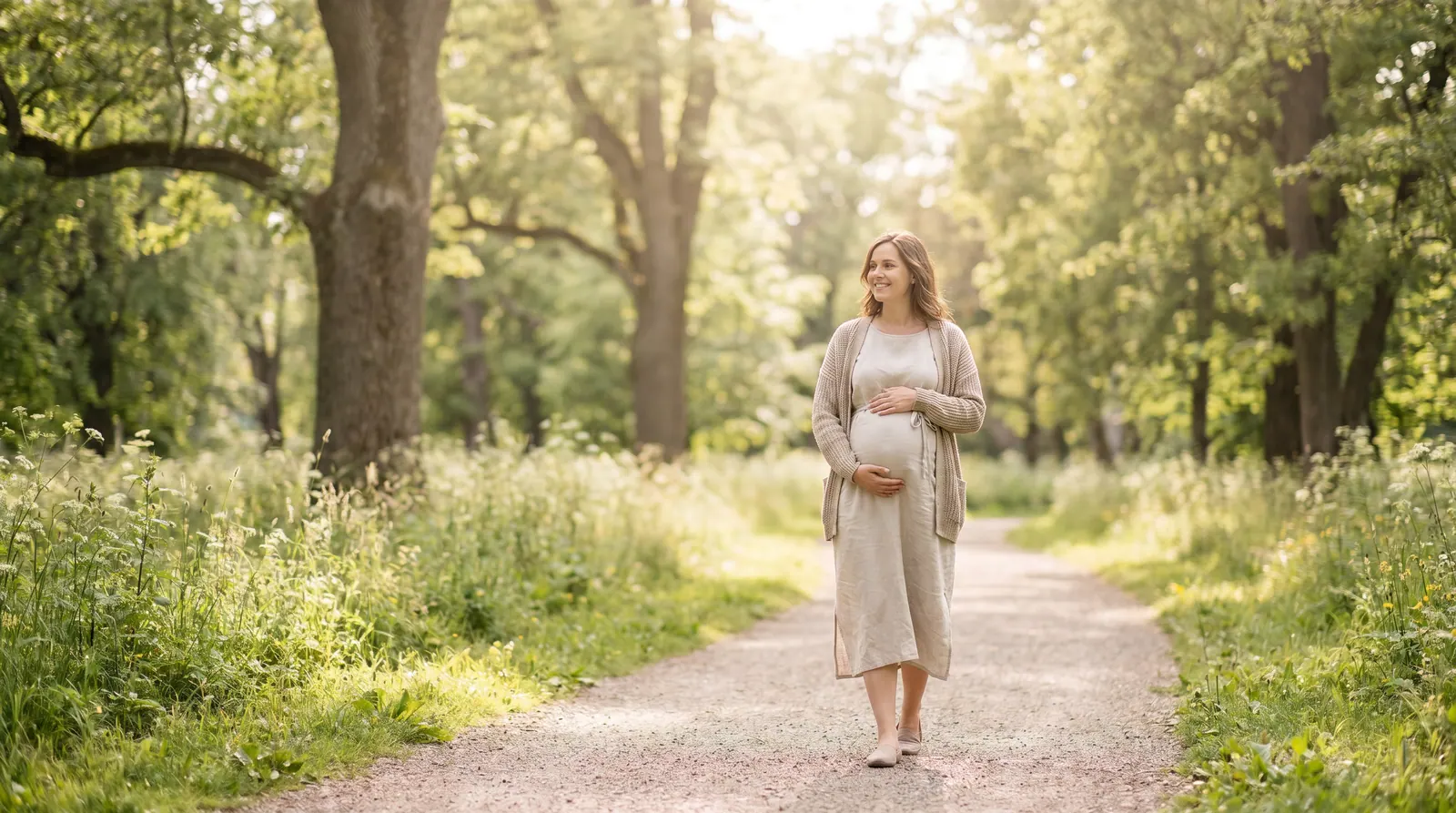 A pregnant woman walking gently in a serene environment
