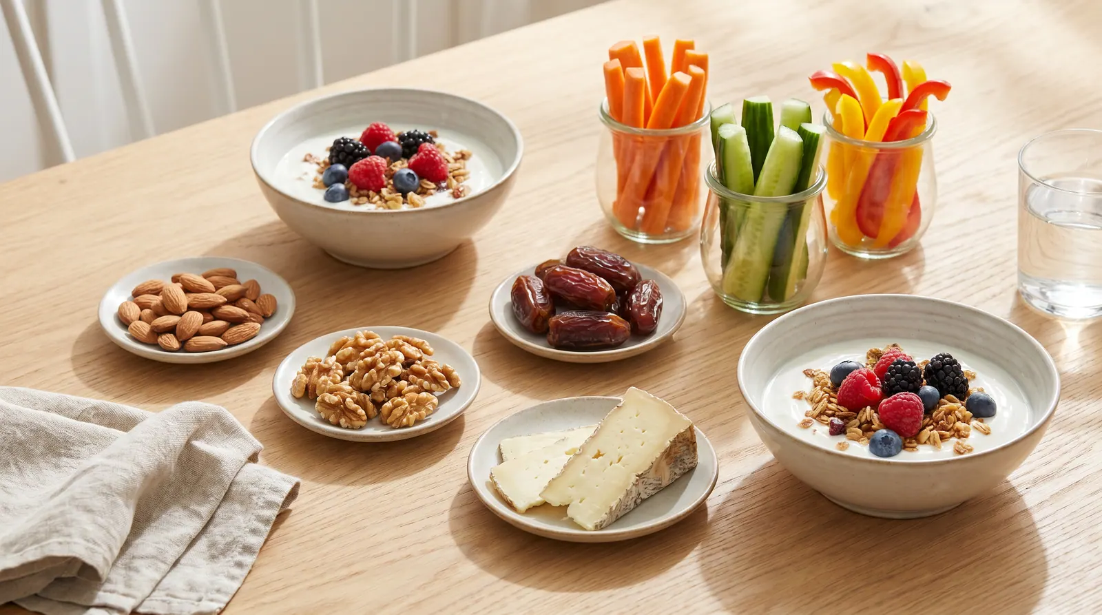 Healthy snacks for pregnant women: yogurt, fruit, nuts, and dates