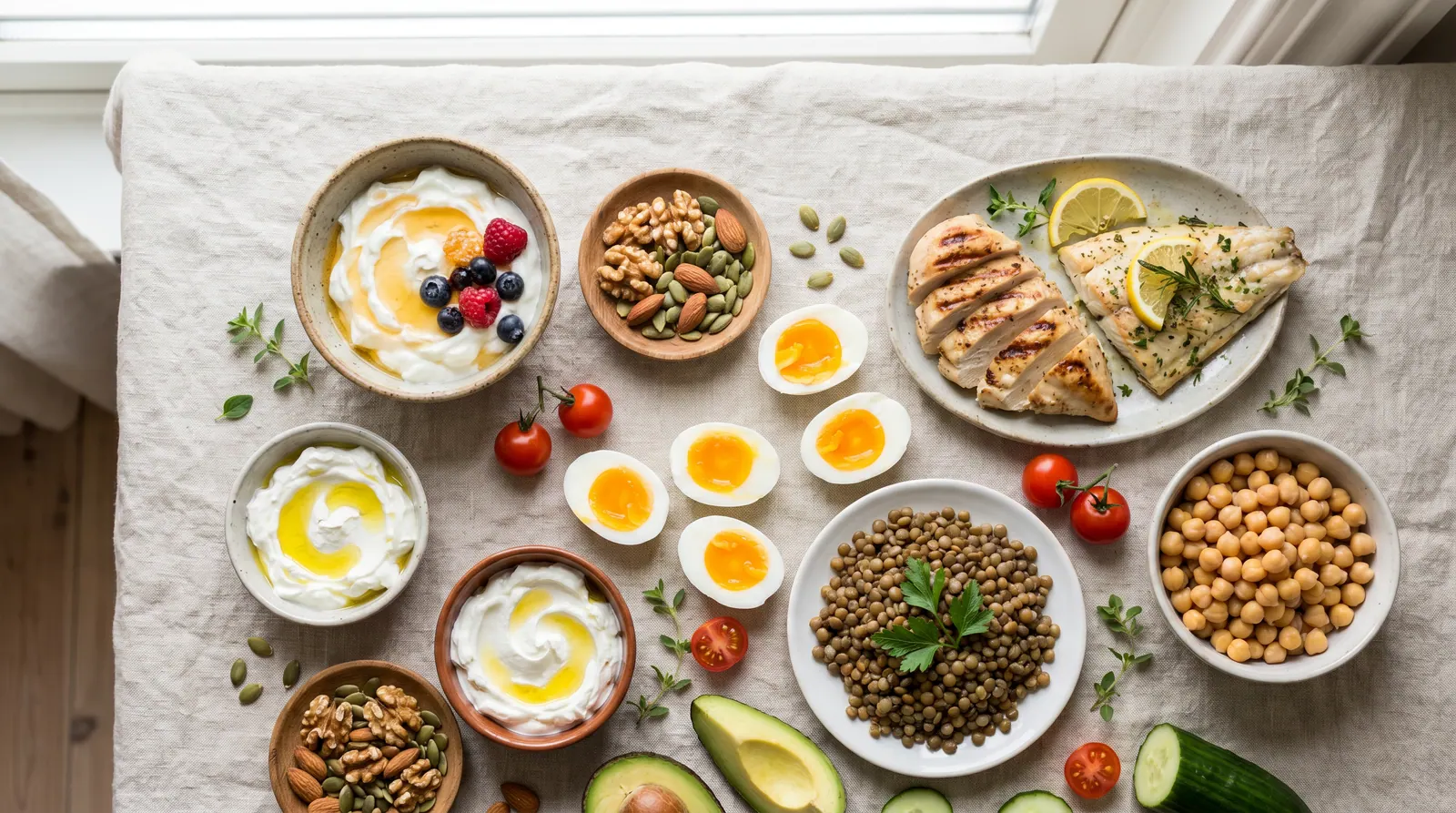 A table rich in protein sources: chicken, fish, eggs, yogurt, labneh, lentils, chickpeas, and nuts