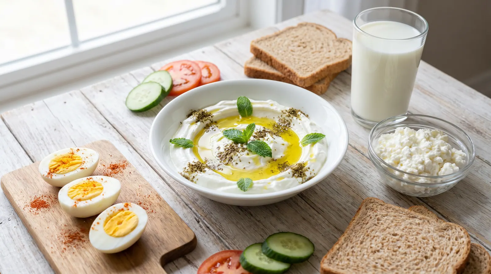 Protein-rich breakfast: eggs, labneh, cottage cheese, and milk