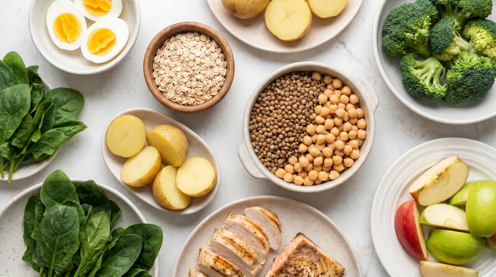 High-satiety foods: boiled potatoes, eggs, fish, oatmeal, and fruits