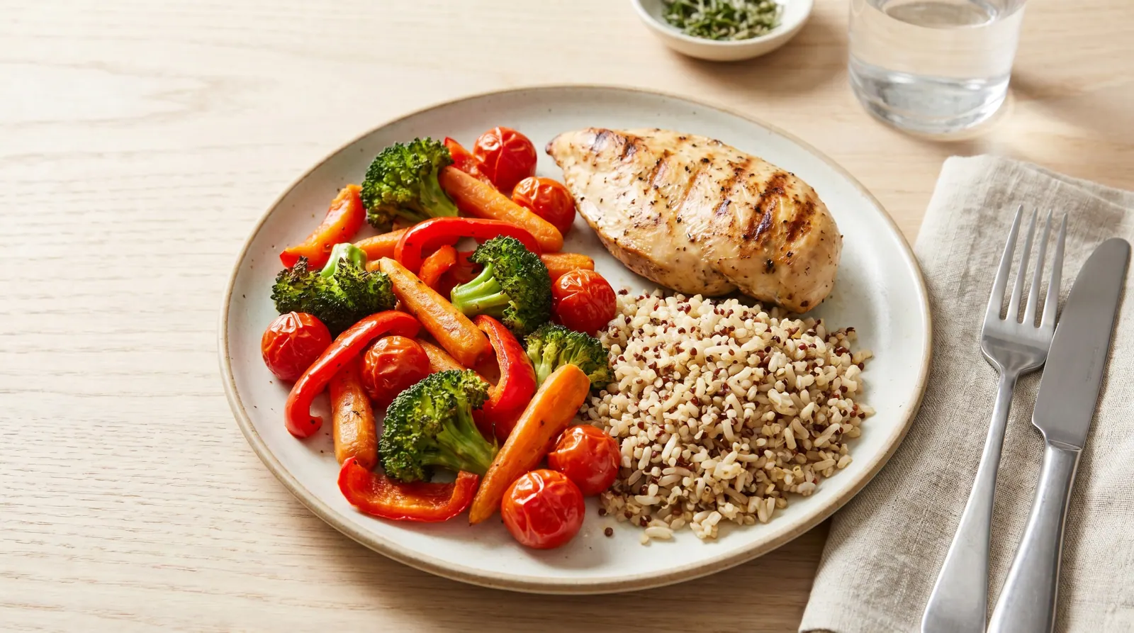The Plate Method: Half vegetables, a quarter lean protein, and a quarter whole grains