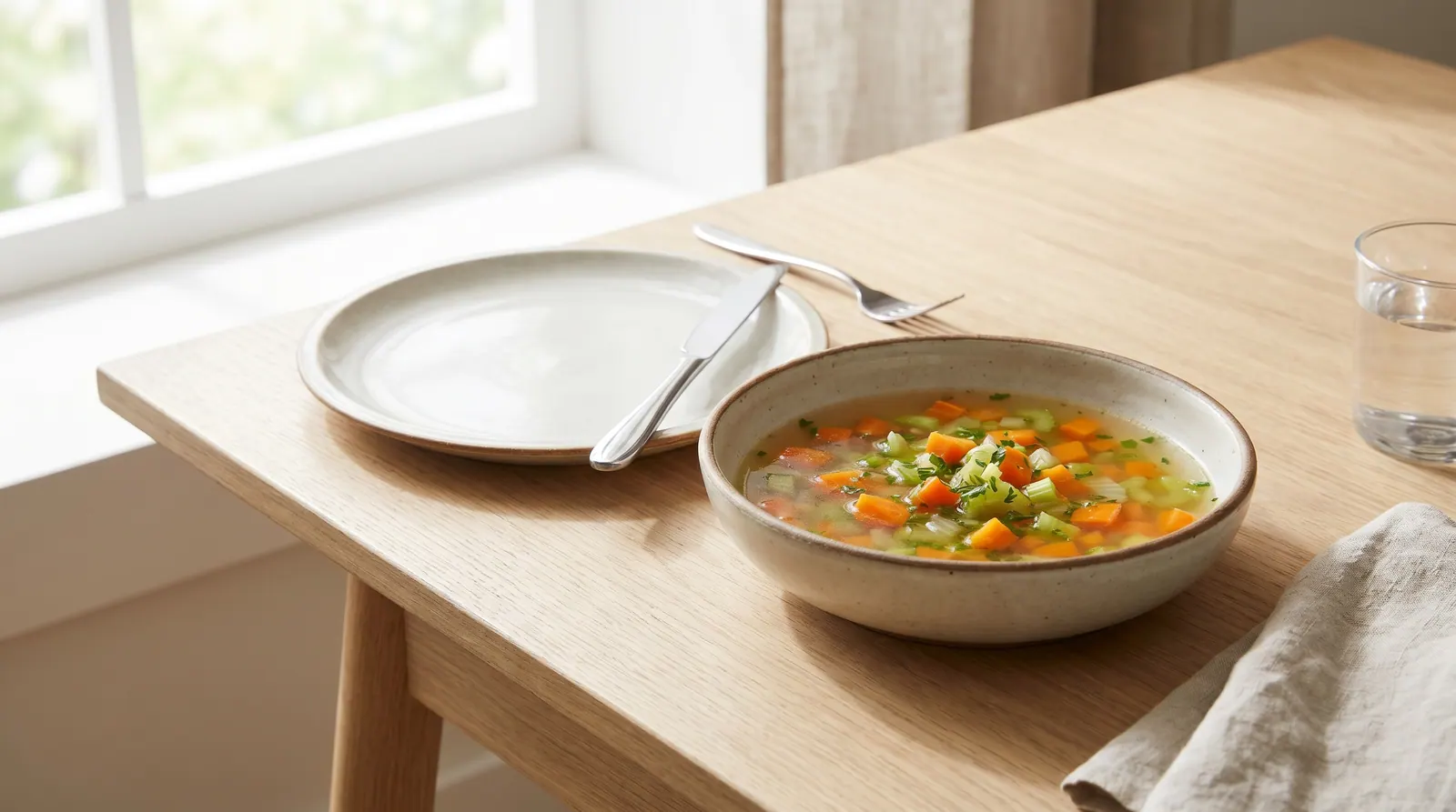 A bowl of lentil and vegetable broth-based soup to start a meal