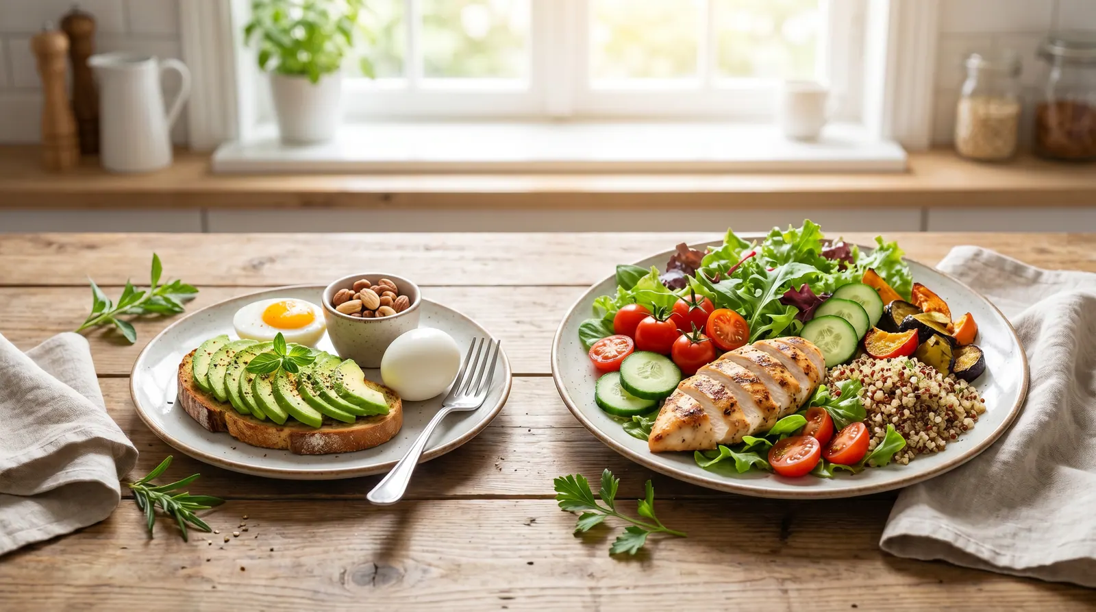Two plates of the same size: one with vegetables and lean protein at lower calories, the other with high-density food
