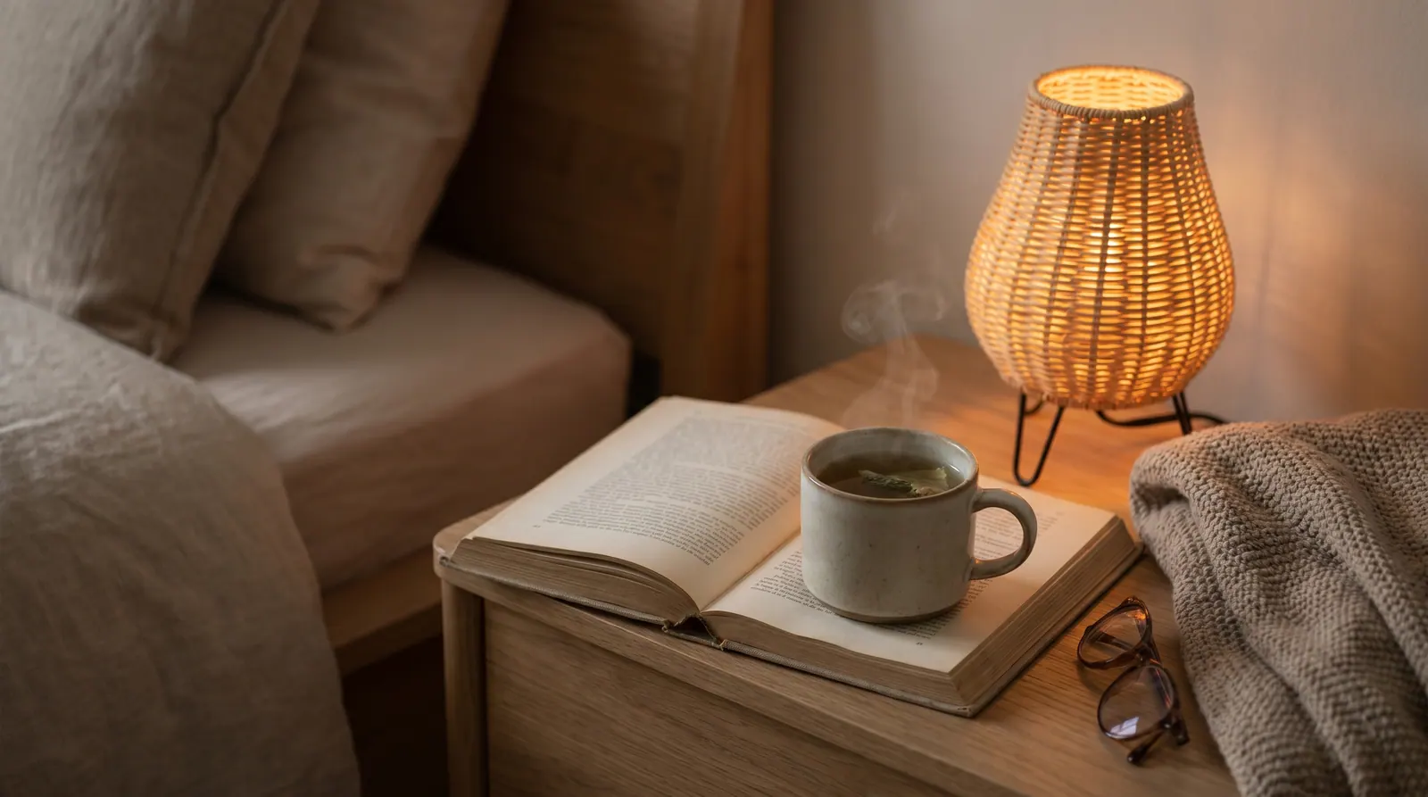 A calm evening routine away from screens with dim, warm lighting