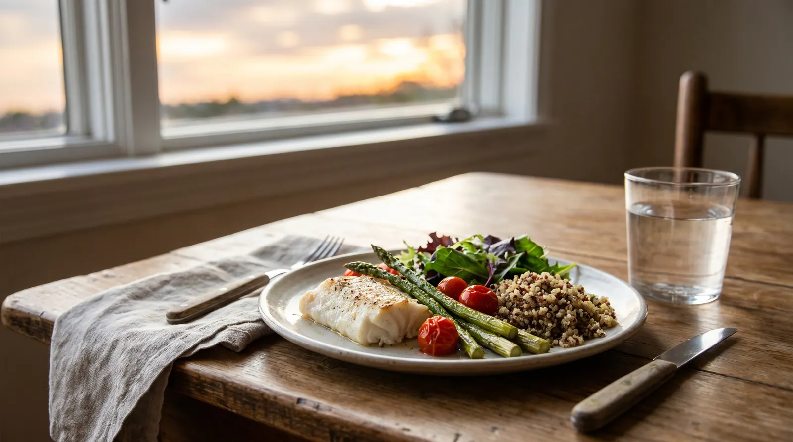 A light, balanced dinner plate in a calm evening with warm lighting