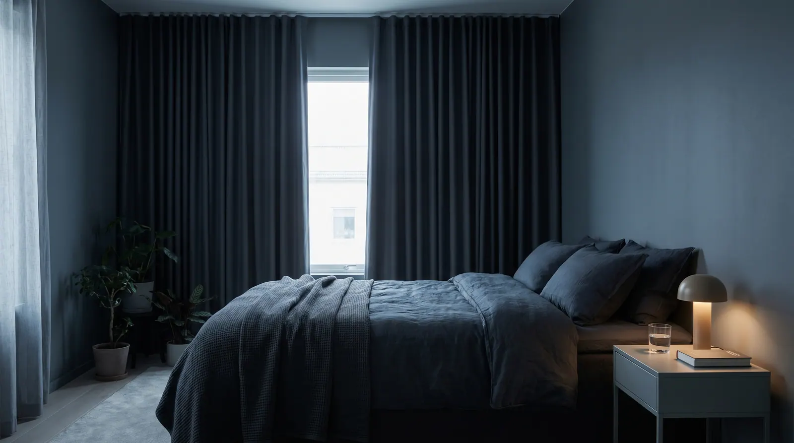 A quiet, dark, cool bedroom with very dim lighting