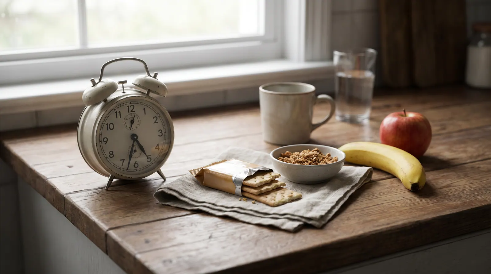 A serene illustration showing the balance of hunger and satiety hormones after a short night