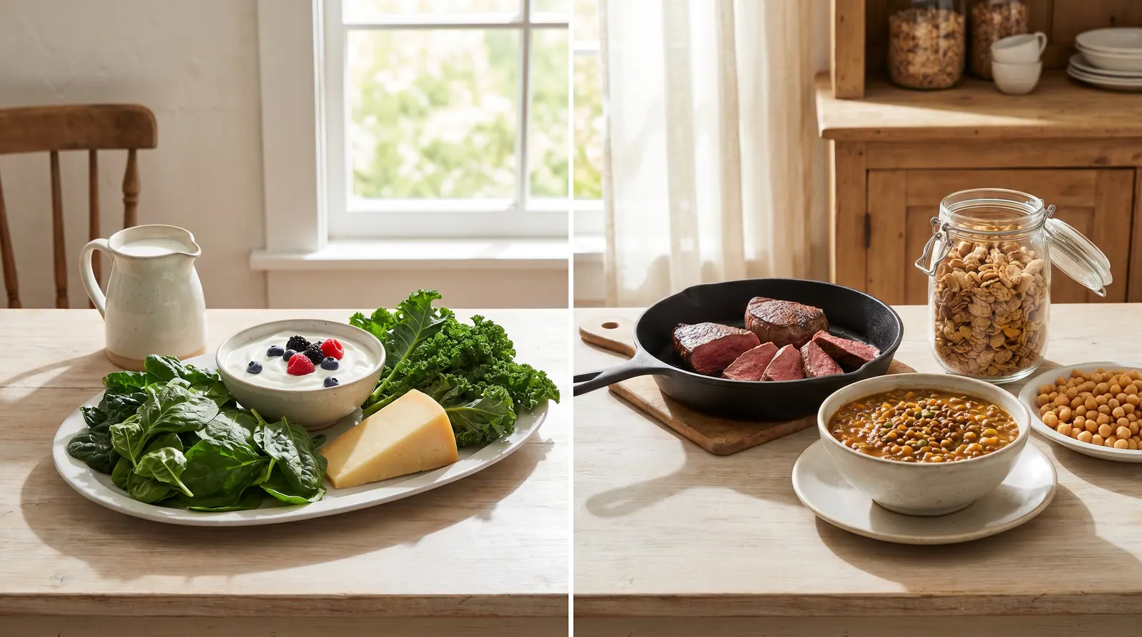 Foods rich in calcium and iron: milk, yogurt, meat, legumes, and leafy greens