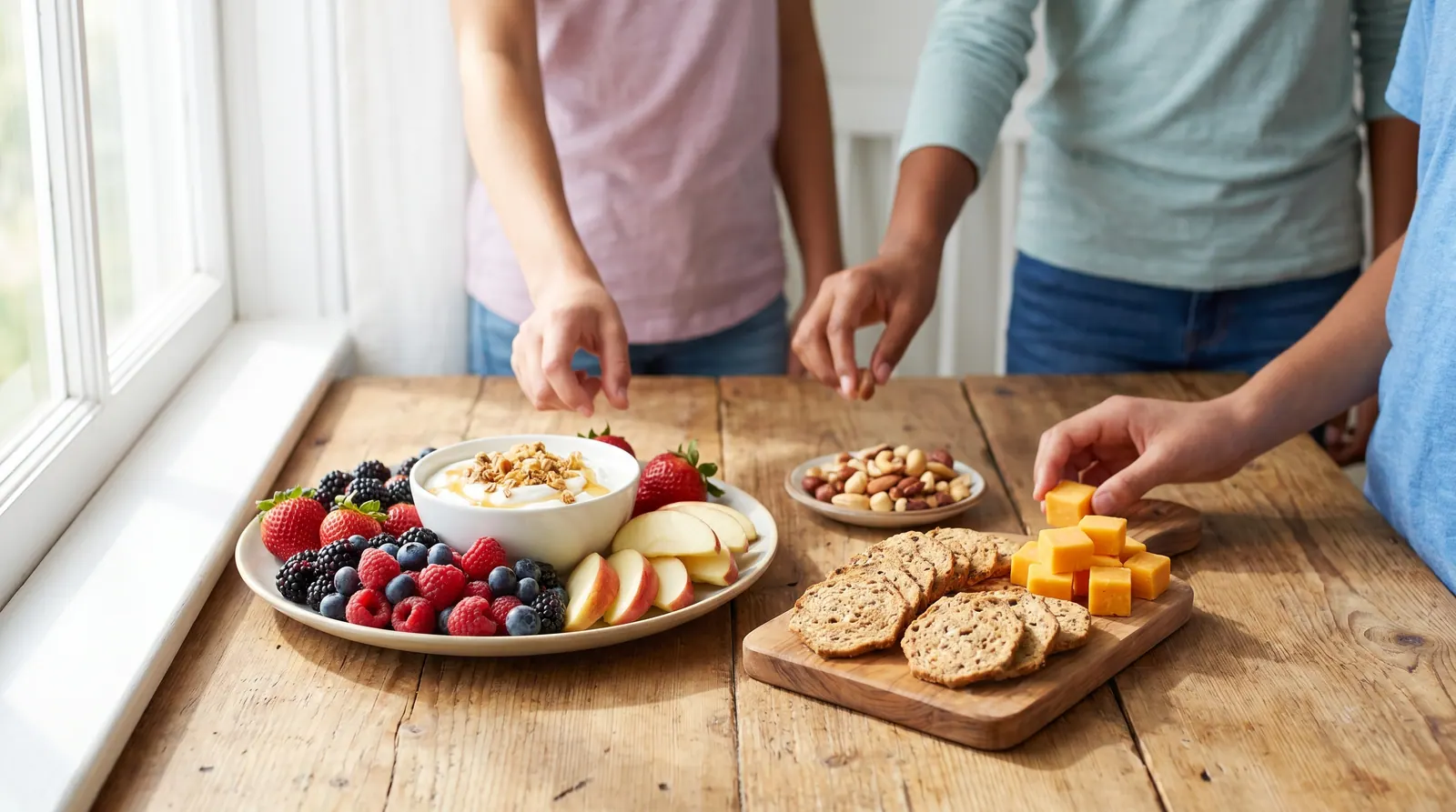 Healthy snacks for teenagers: dates, nuts, fruits, and yogurt