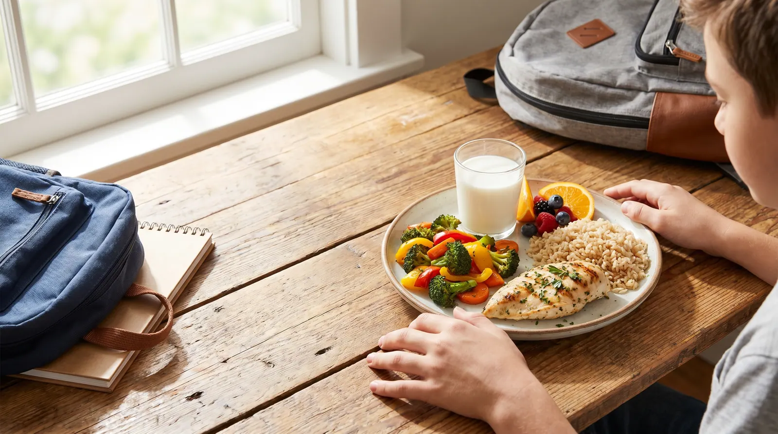 A balanced plate for a teenager combining protein, whole grains, vegetables, and dairy products