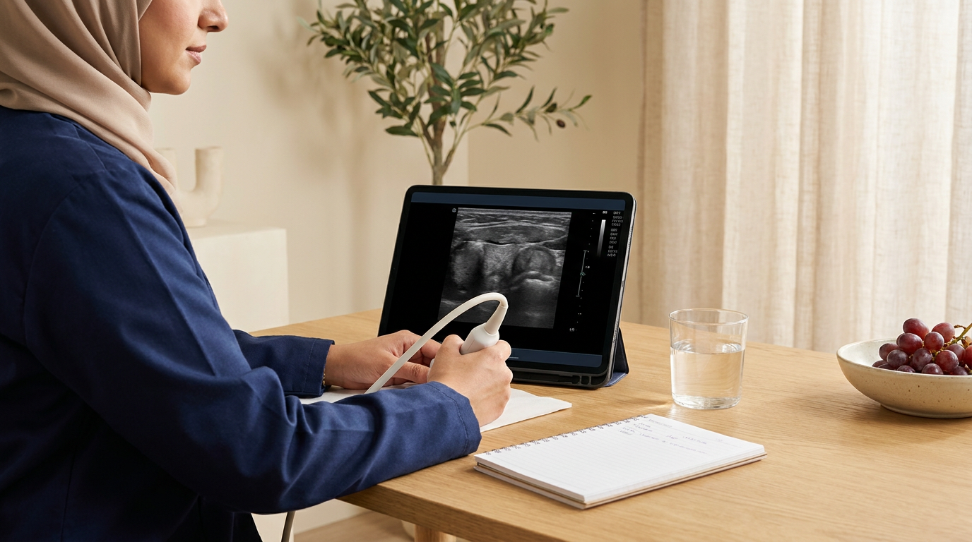 طَبيبة سعوديّة تُجري فَحص ultrasound لِلغُدّة الدَّرَقيّة في عيادة هادئة