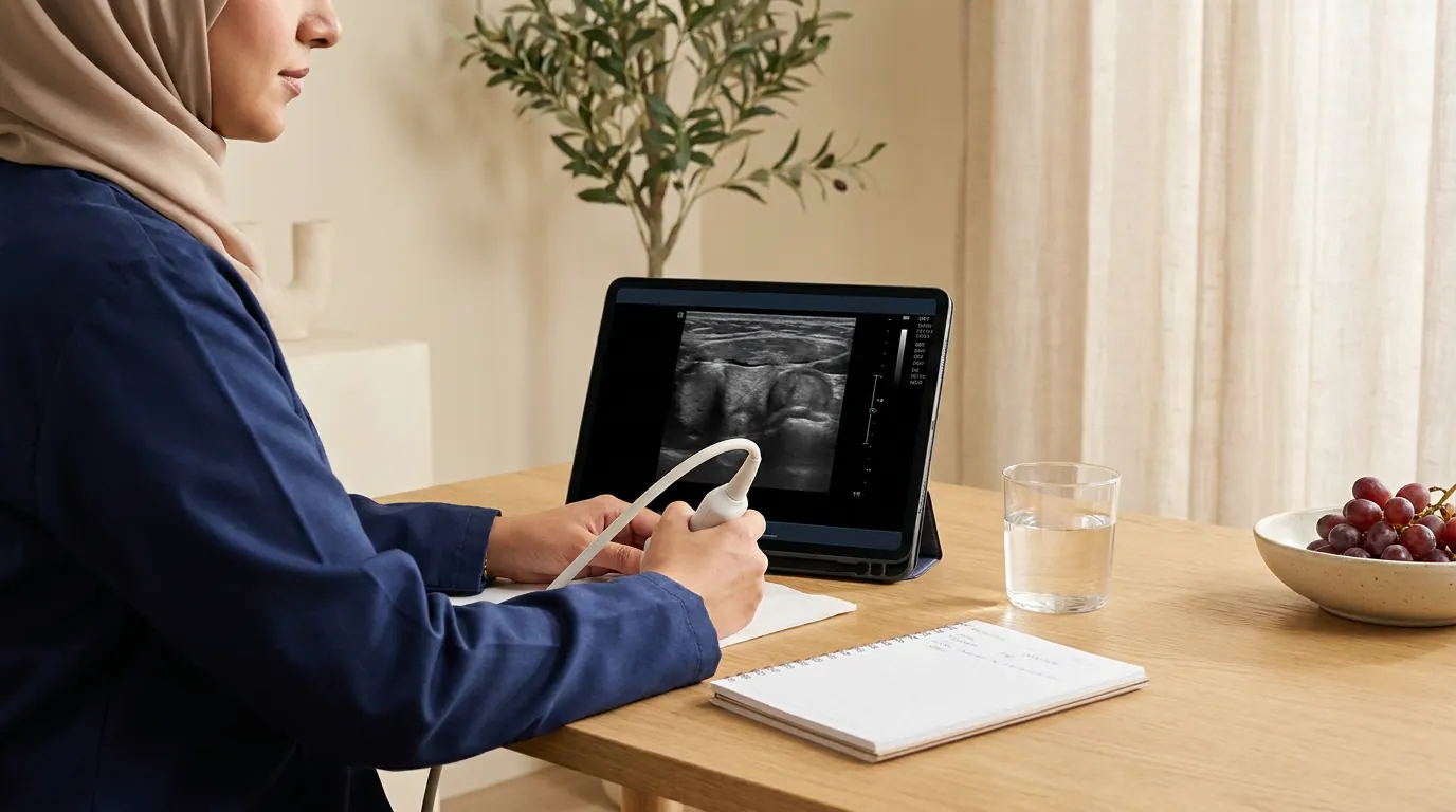 طَبيبة سعوديّة تُجري فَحص ultrasound لِلغُدّة الدَّرَقيّة في عيادة هادئة