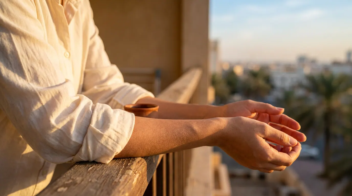 Woman's forearms exposed to morning sun on a balcony