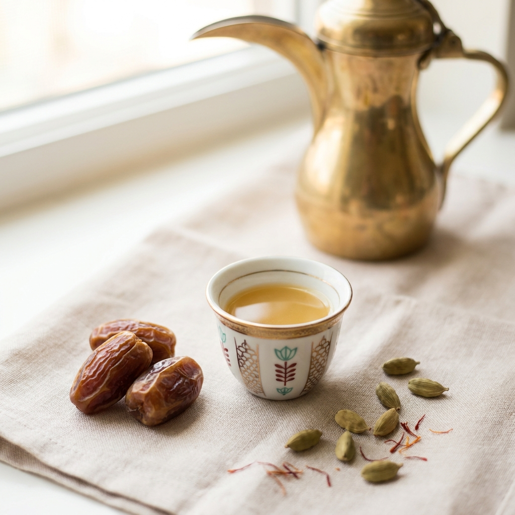 القهوة السعوديّة · بهيل وزعفران تُقدَّم في فنجان عربيّ
