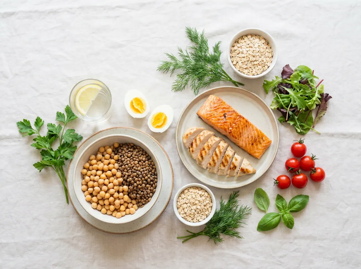 High protein foods for the athlete: fish, chicken, legumes, eggs, and oats