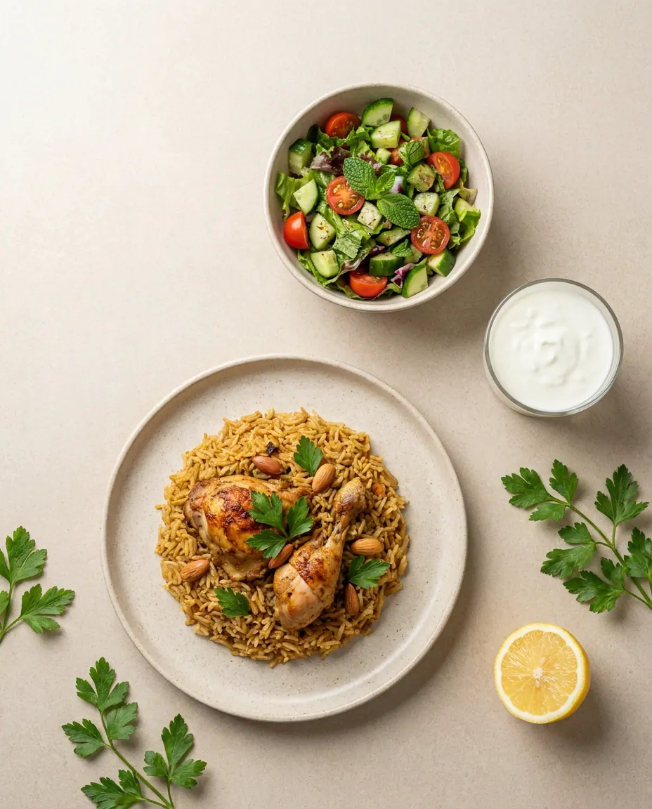 Plate of calculated chicken kabsa with basmati rice, green salad, and laban
