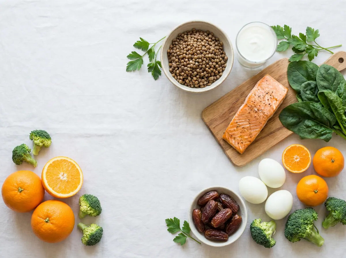 Foods rich in iron, calcium, and folate for pregnancy: spinach, lentils, yogurt, salmon, dates, and eggs