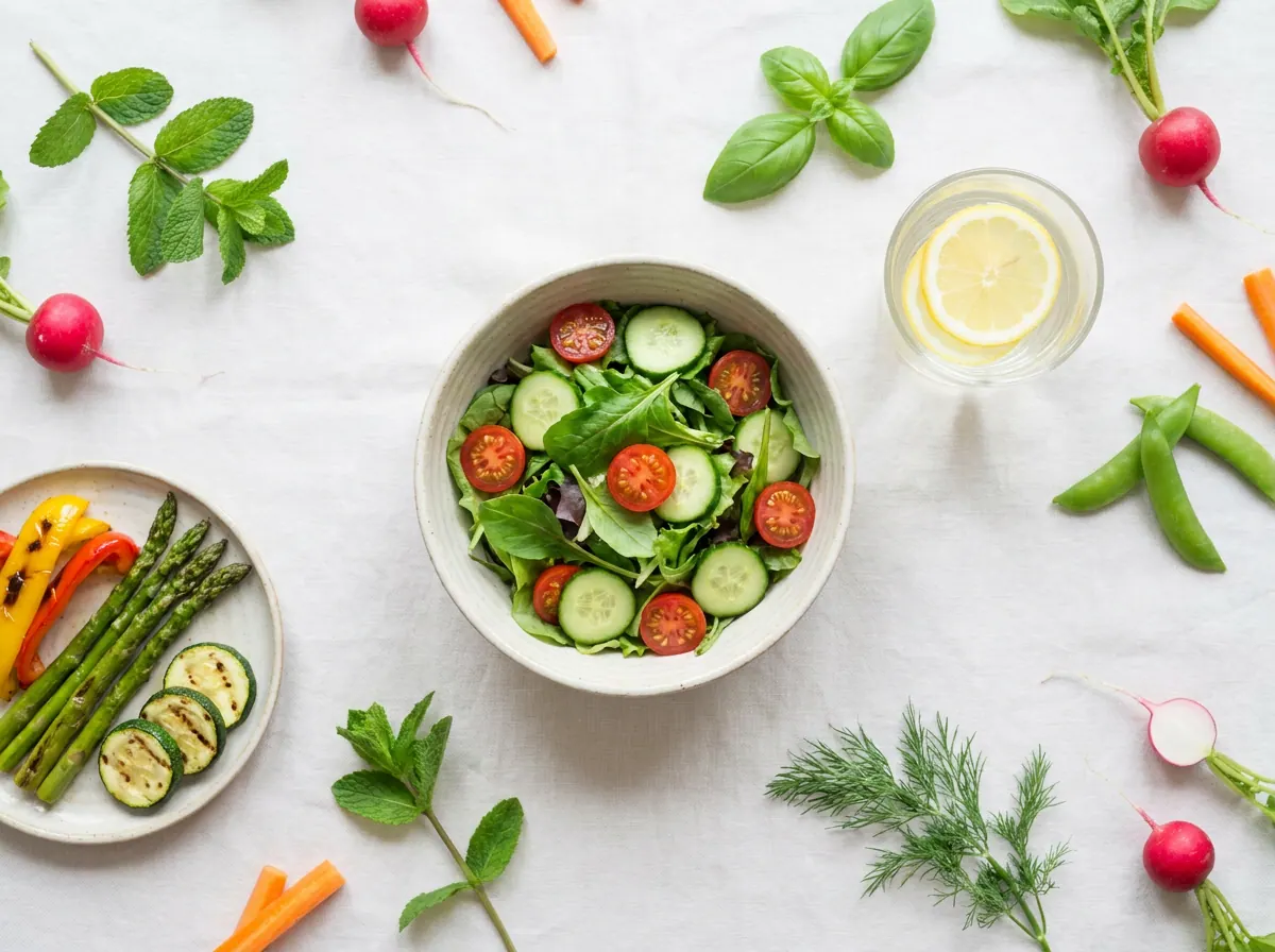 Light low-calorie dishes: green salad, grilled vegetables, and lemon water