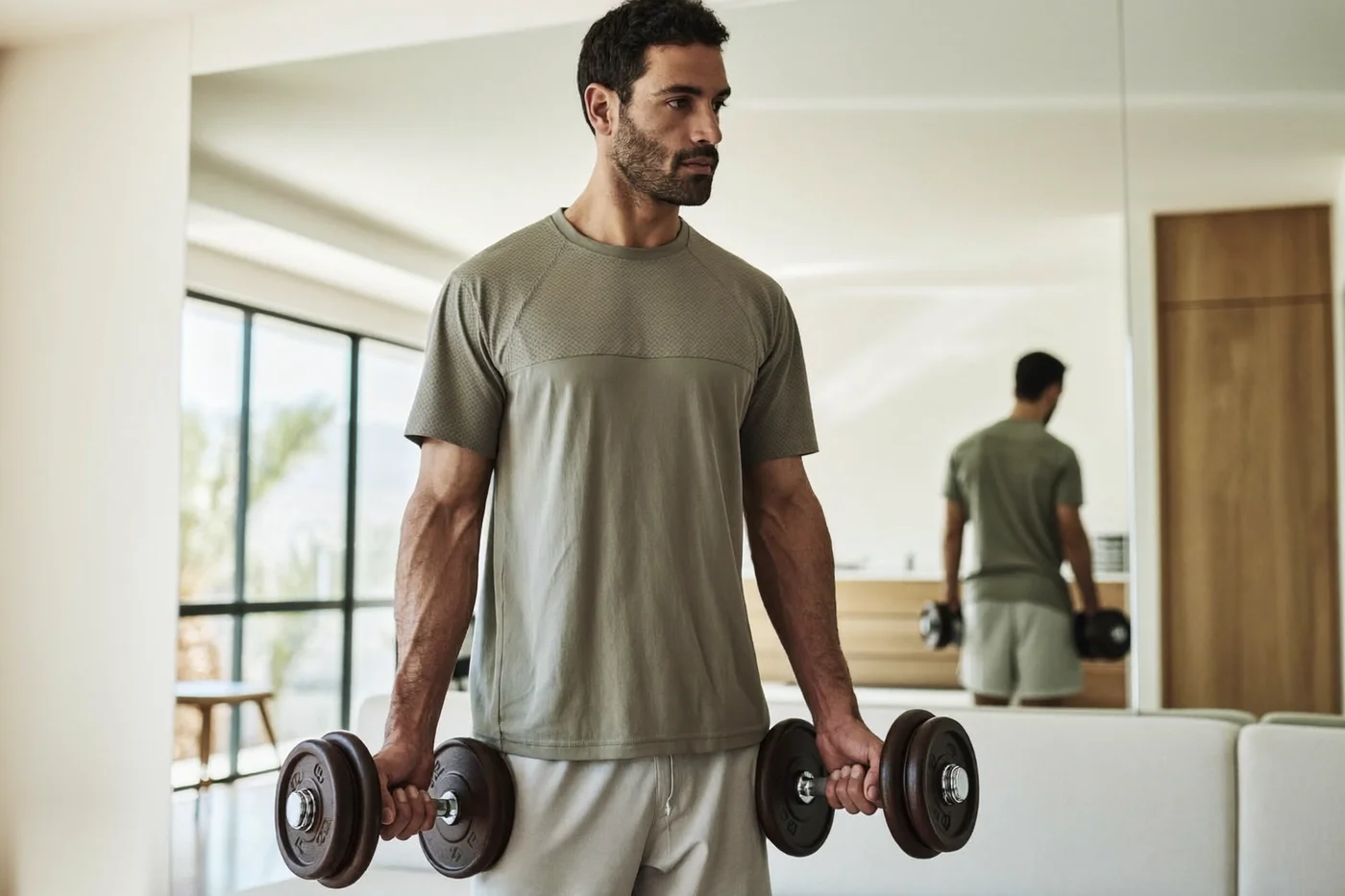 Man in modest activewear exercising with dumbbells in a bright home gym