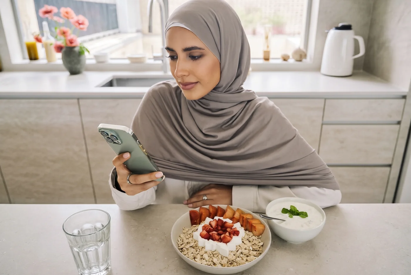 Woman in an olive hijab checking her phone with a healthy oatmeal and fruit breakfast in a bright kitchen
