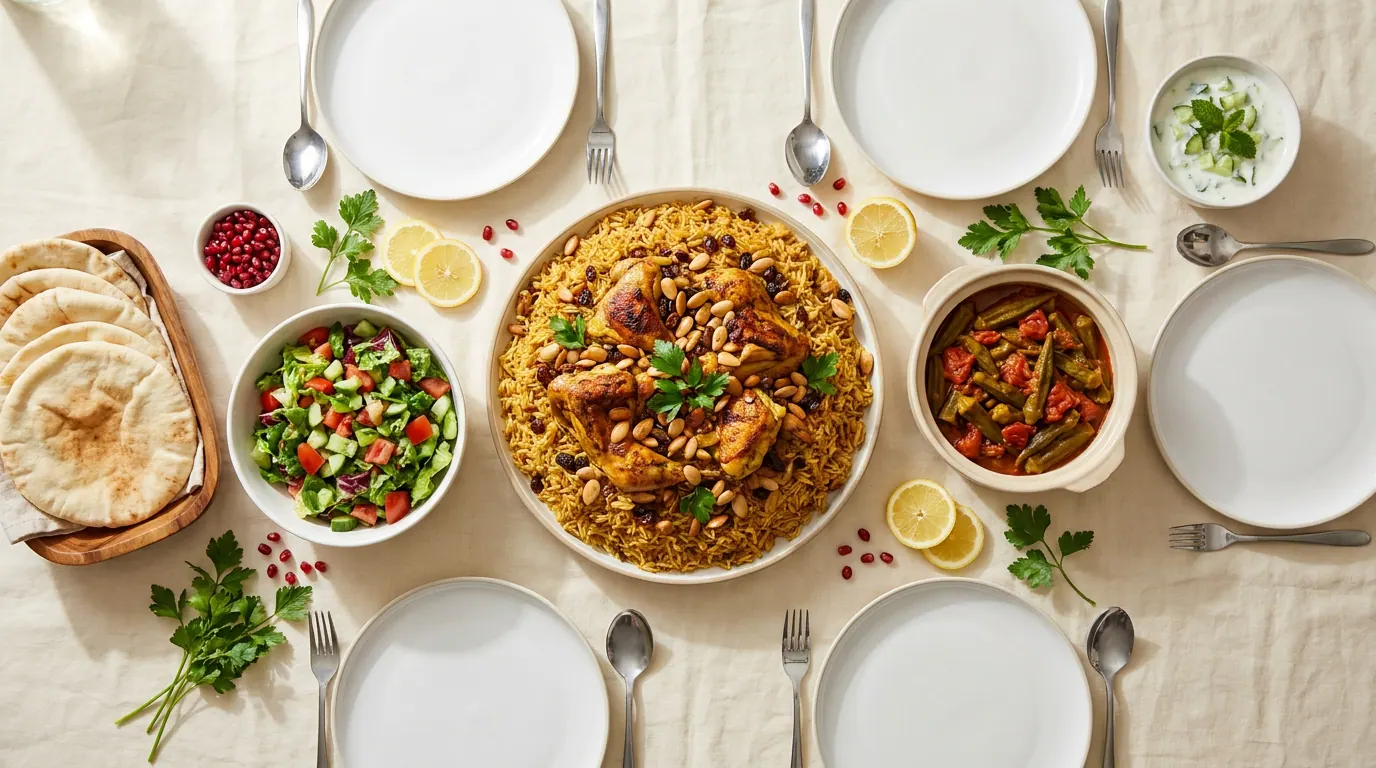Saudi family table: Kabsa in the center, salad, vegetables, and bread around it — Family Plan view