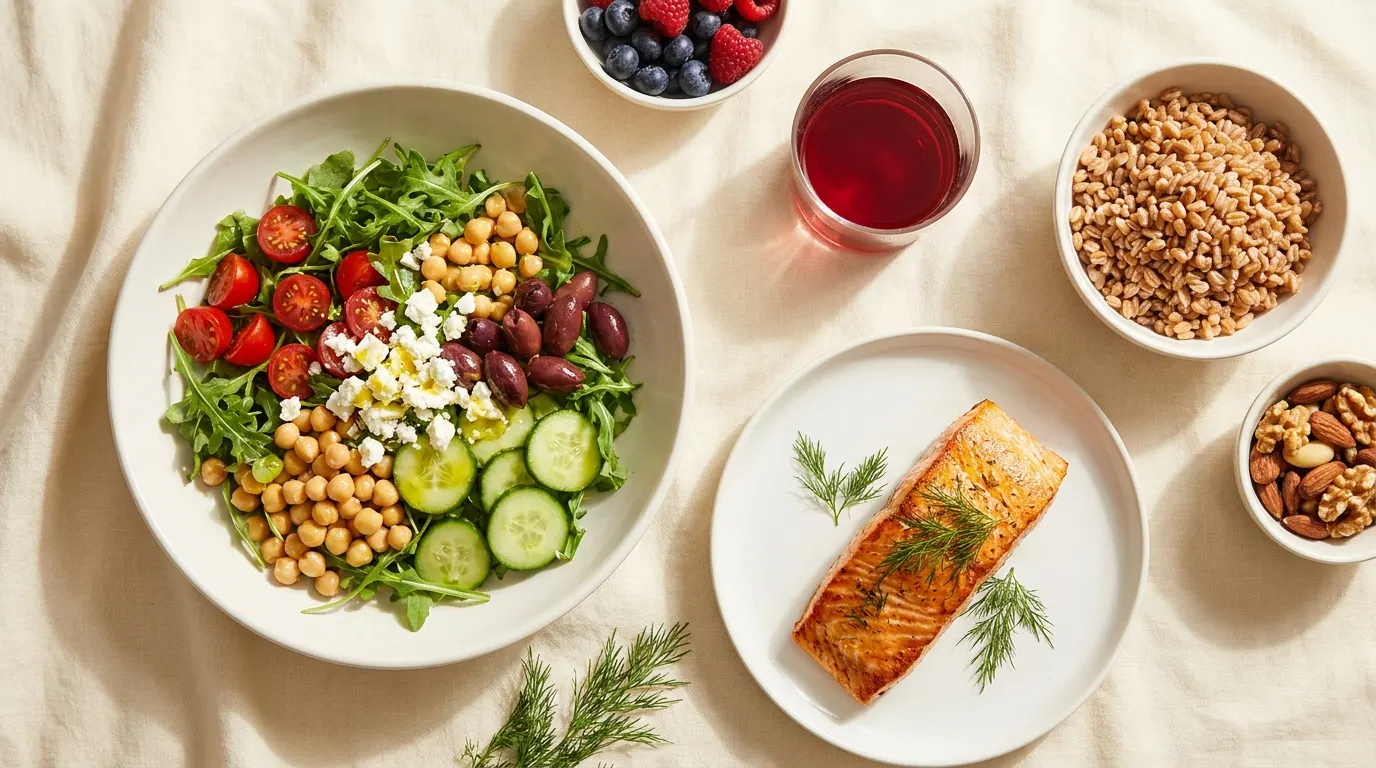 Heart-friendly DASH table: Mediterranean salad, salmon, whole grains, berries, and nuts — Heart Plan view
