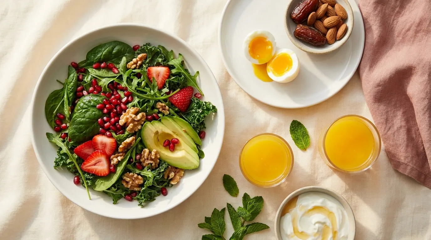 Nutritious table for pregnant women: dark leafy greens, pomegranate, berries, eggs, dates, and nuts — Pregnancy Plan view