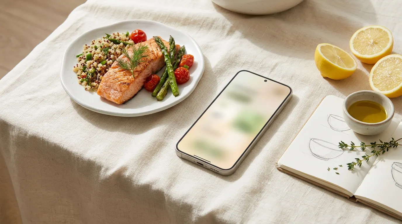 Salmon plate with quinoa and vegetables, phone and notebook next to it — Smart Plan view