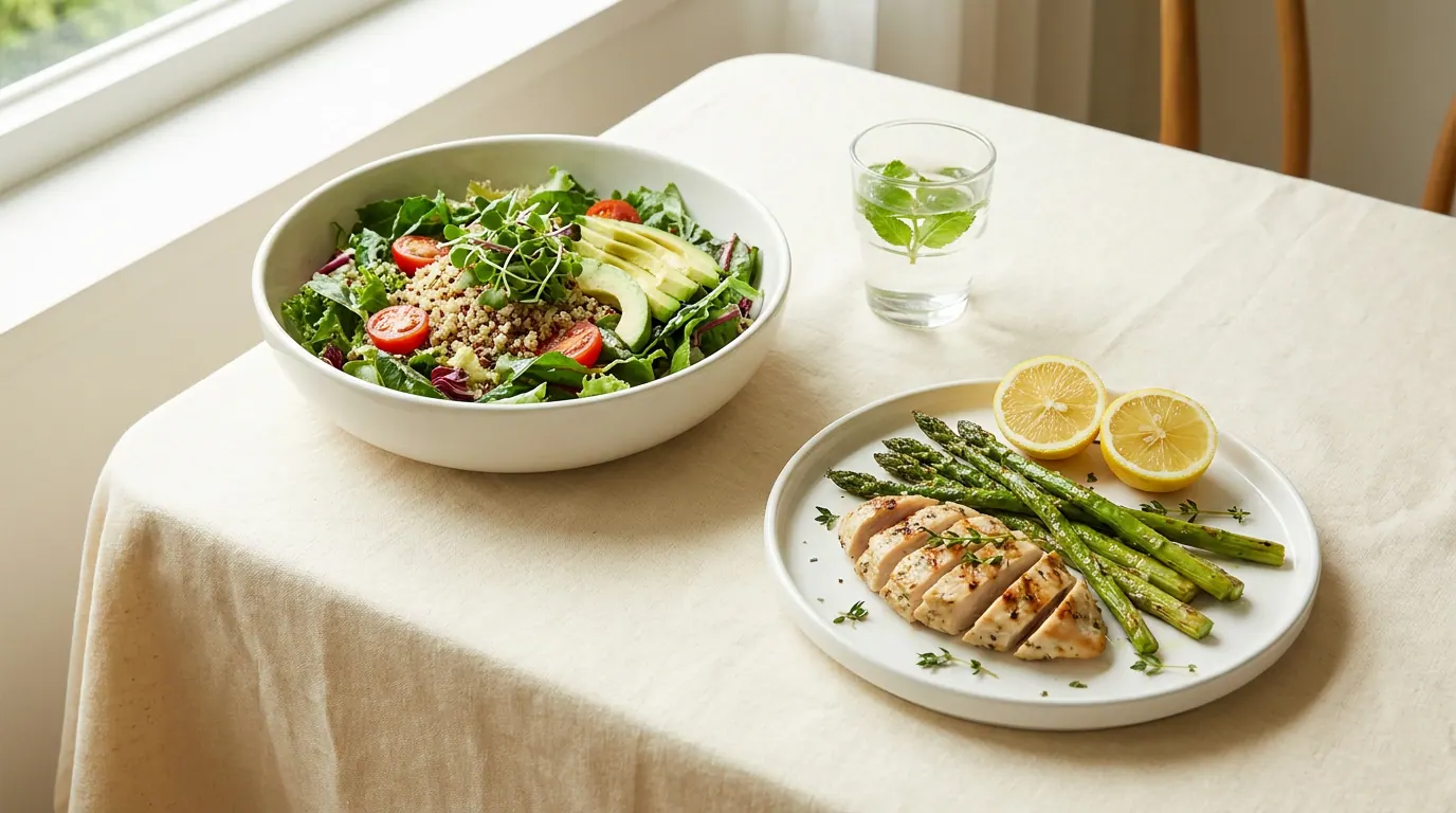 Light table: quinoa and avocado salad, lean protein, grilled vegetables — Lighter Life view