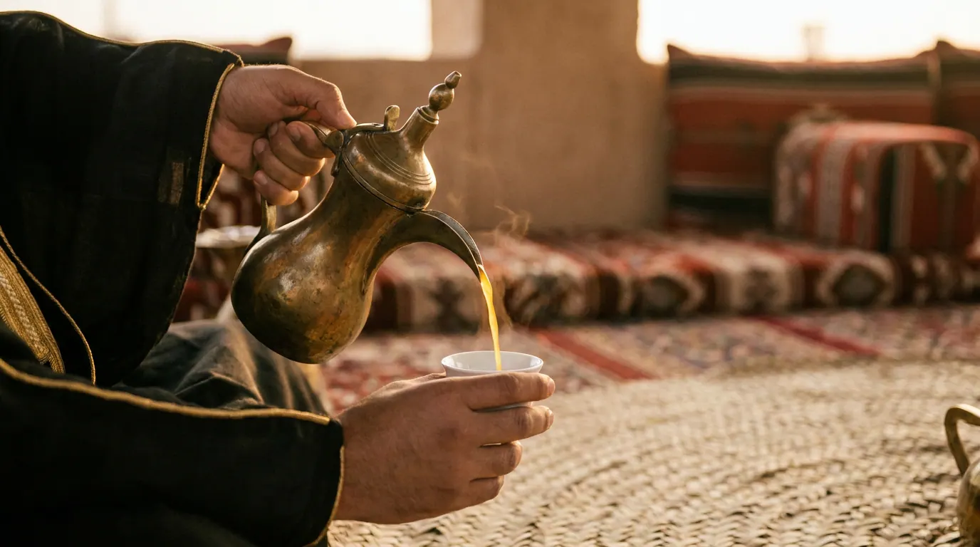 يد تصبّ القهوة العربيّة الذهبيّة من دلّة نحاسيّة تقليديّة في فنجان أبيض صغير