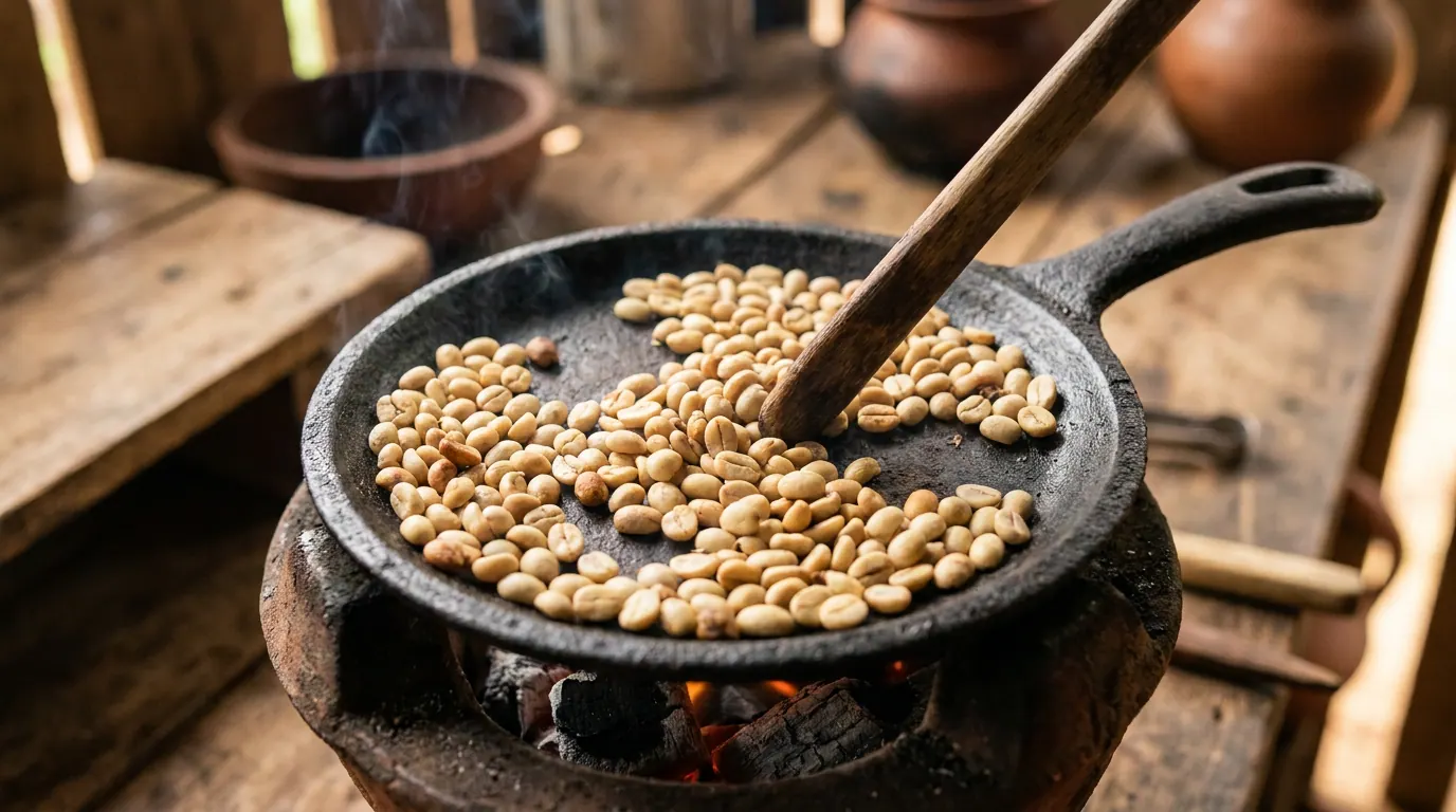 حبوب القهوة في مقلاة مهماس صغيرة على نار هادئة تتحوّل إلى لون بيج ذهبيّ فاتح