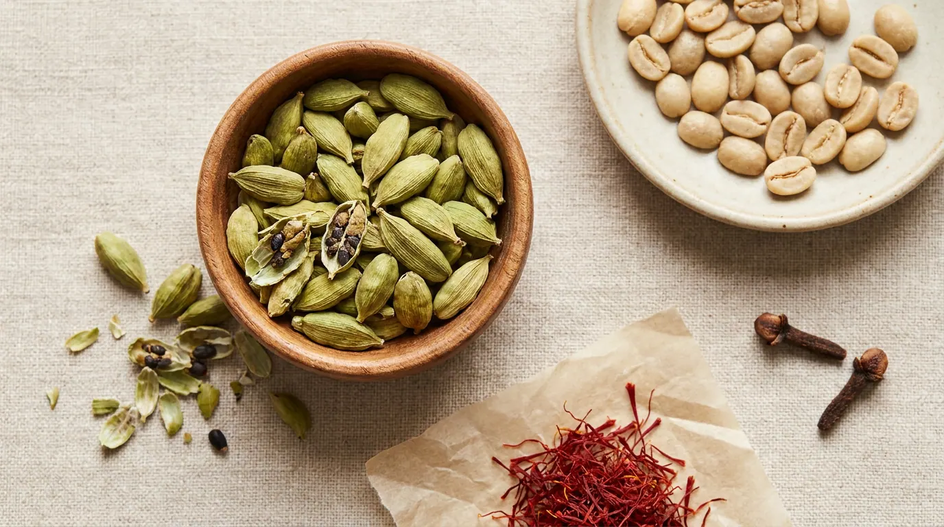 هاون ومدقّ خشبيّ مع حبوب هيل أخضر مكسورة، بجانب وعاء صغير من حبوب البنّ الفاتح وخيوط زعفران وقرنفل