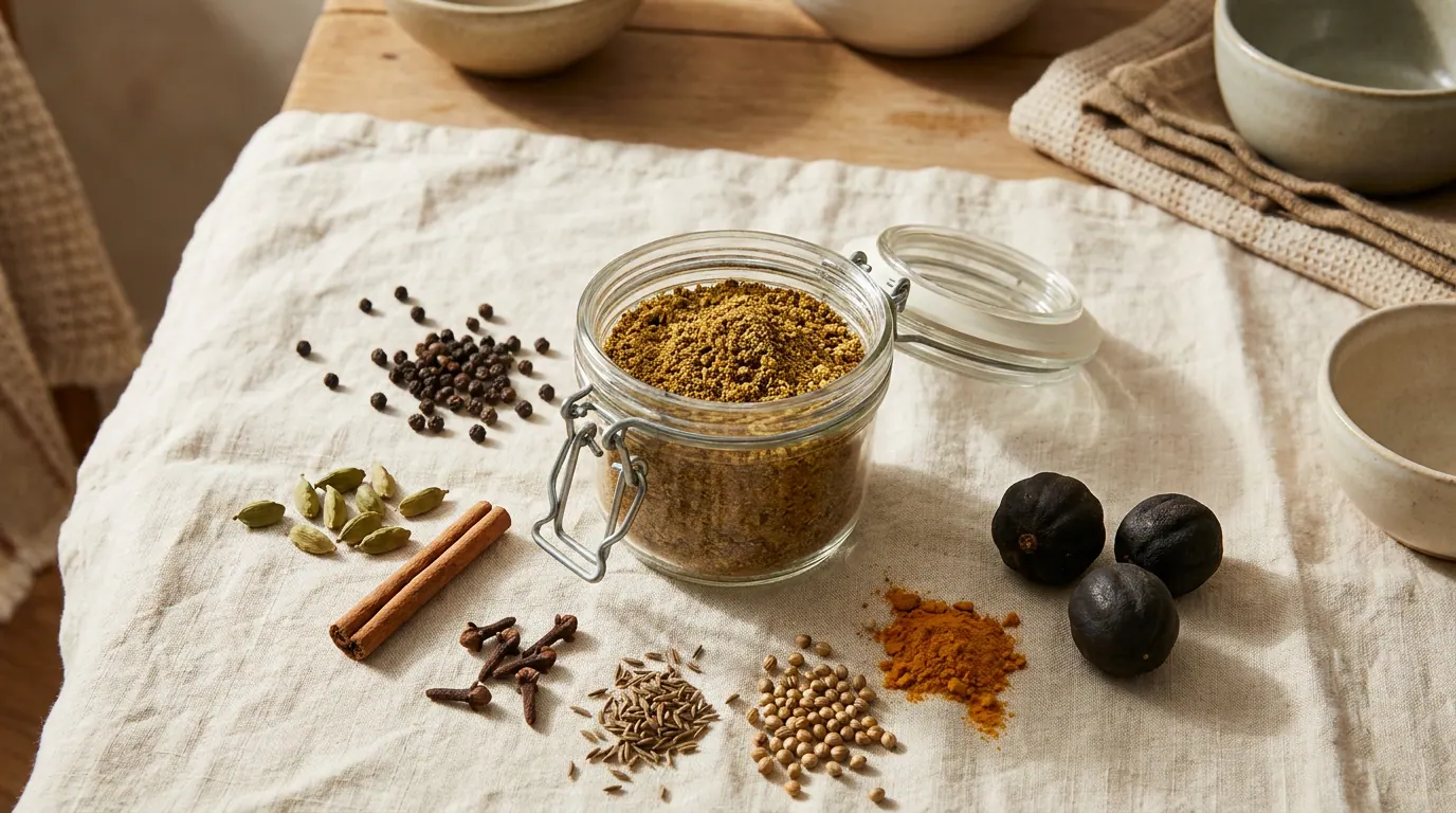 Glass jar of kabsa bzar blend surrounded by spices: pepper, cardamom, cinnamon, clove, cumin, loomi
