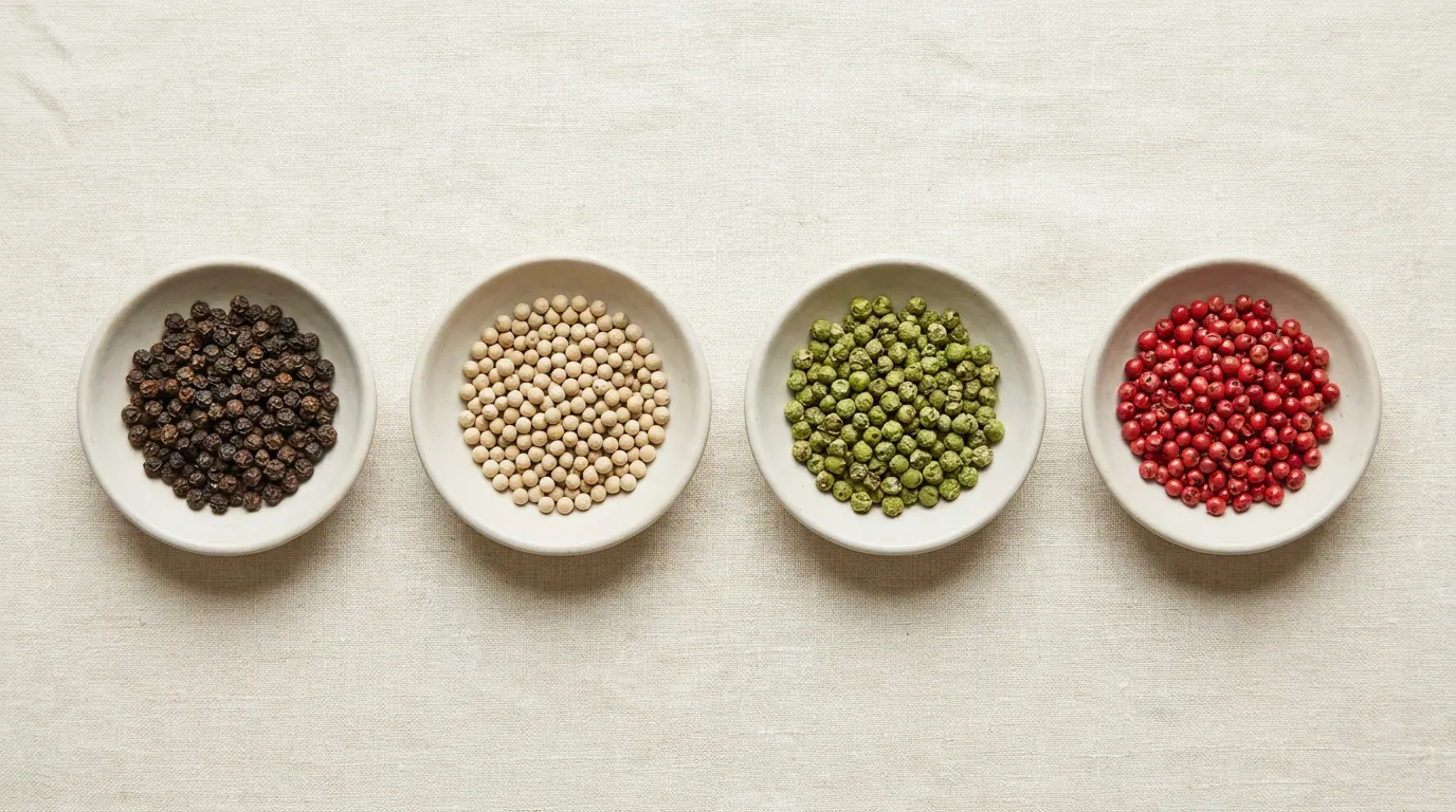 Four bowls of pepper by color: black, white, green, and pink in a row