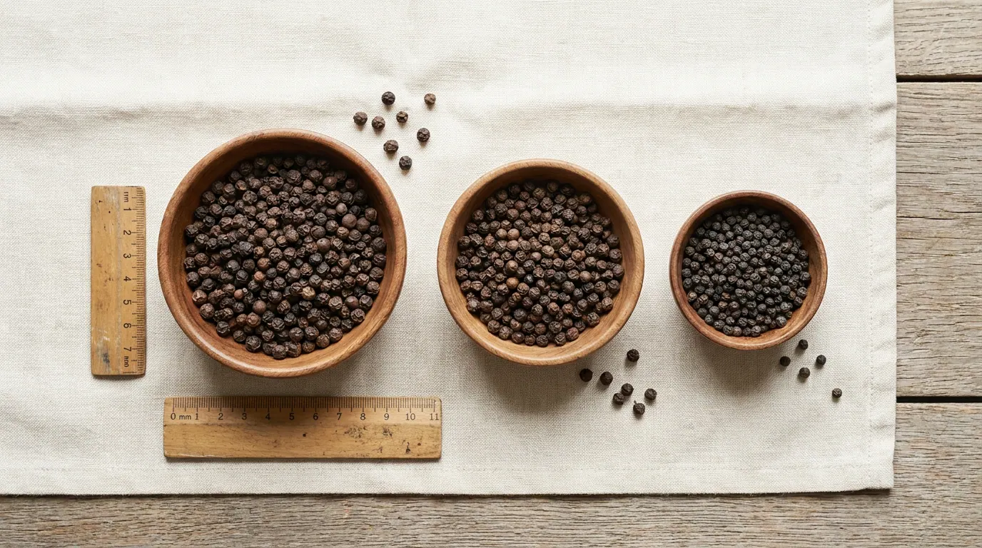 Three wooden bowls of pepper at different grades: large Tellicherry, medium Malabar, small Lampong