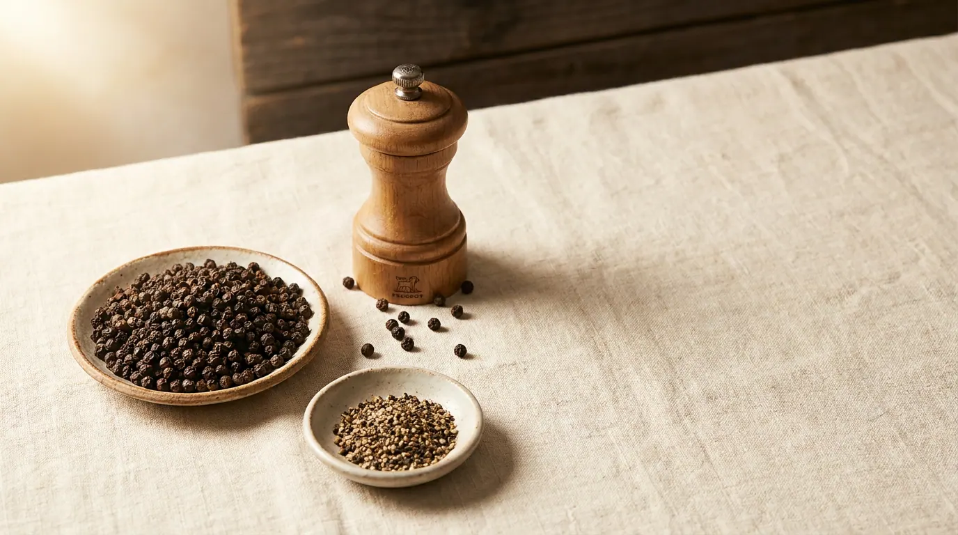 Premium Tellicherry black pepper berries in a ceramic bowl with a wooden pepper mill on natural linen