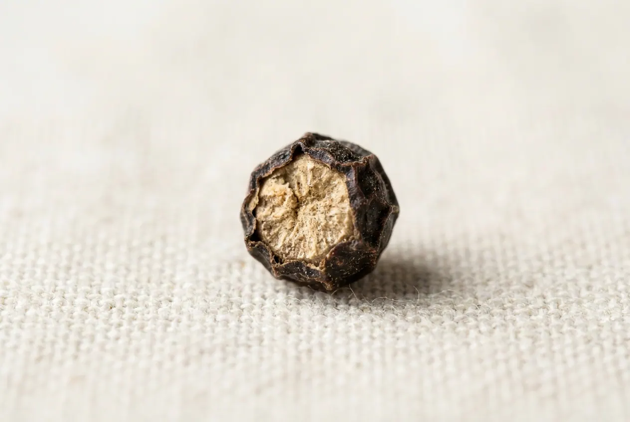 Macro view of a black pepper berry cut open, revealing wrinkled skin and light interior