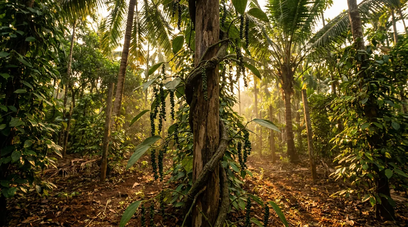 Black pepper plantation in Kerala, India — green pepper clusters hanging from wooden poles