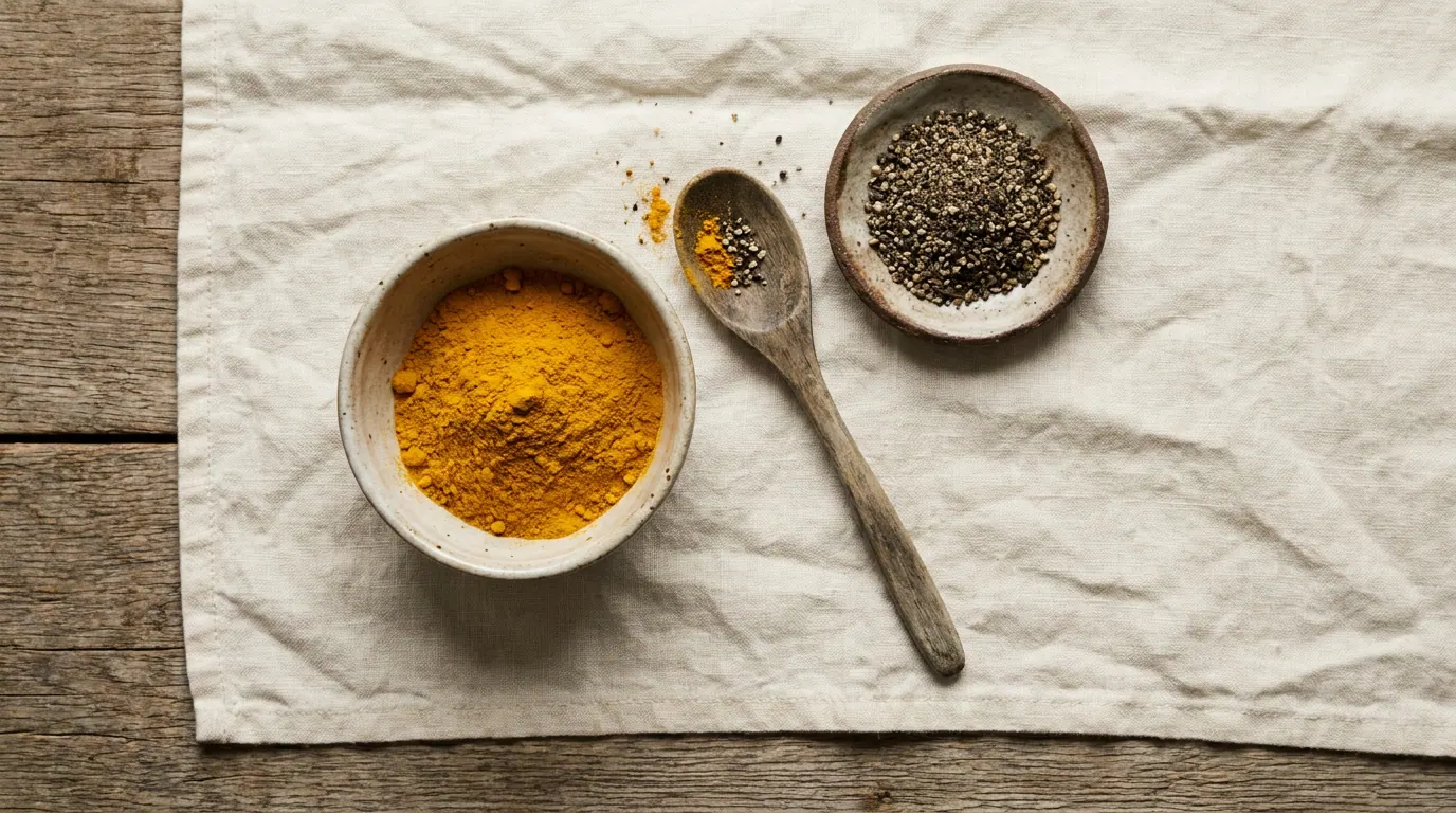 Bowl of ground black pepper beside a bowl of golden turmeric on linen with a wooden spoon