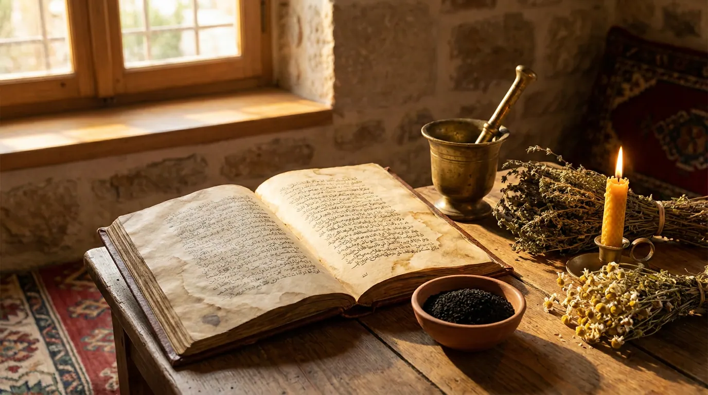 كتاب طبّ نبويّ مفتوح على طاولة خشبيّة، إلى جانبه وعاء بذور حبّة سوداء وهاون نحاسيّ