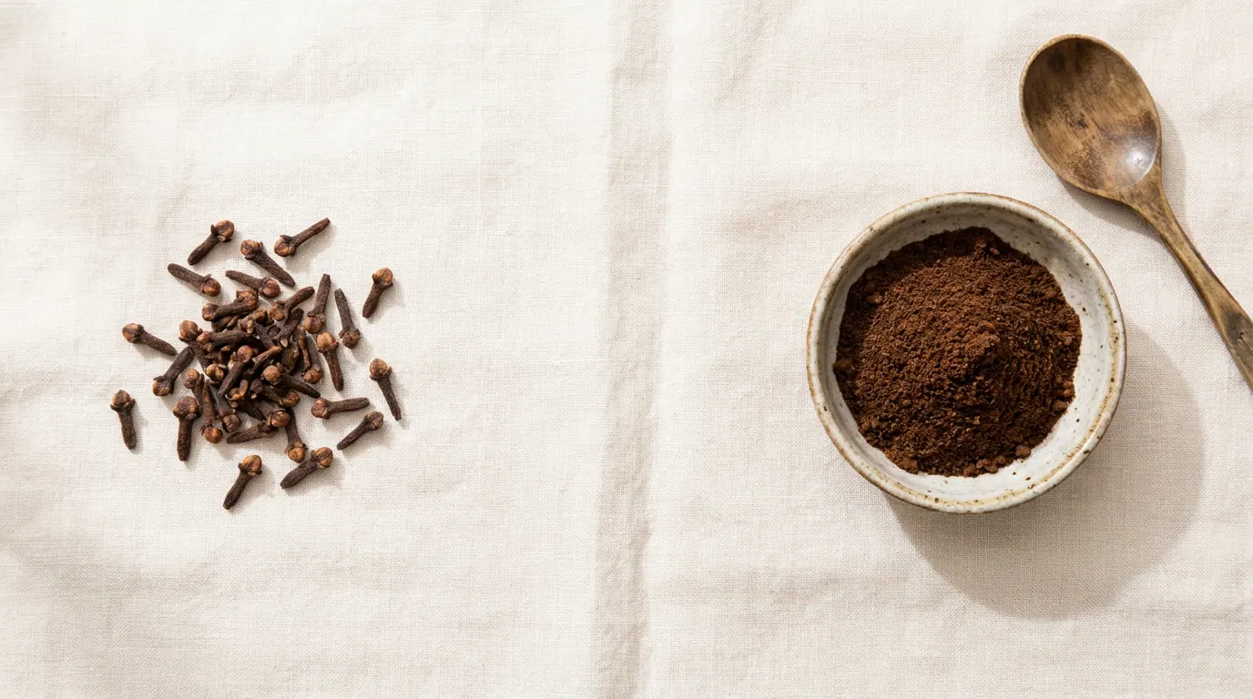 مسامير قرنفل كاملة بجانب قرنفل مطحون في وعاء سيراميك