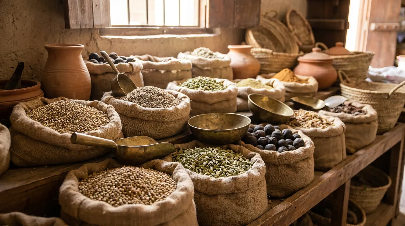 بزار سعوديّ يضمّ بذور الكزبرة في الوسط محاطاً بالكمّون والهيل والقرفة والقرنفل واللومي
