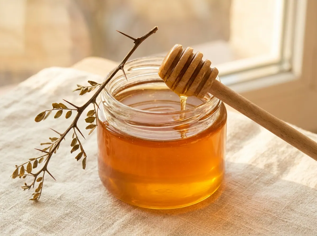 جرّة عسل السمرة الأكاسيا، ذهبيّ شفّاف خفيف القوام