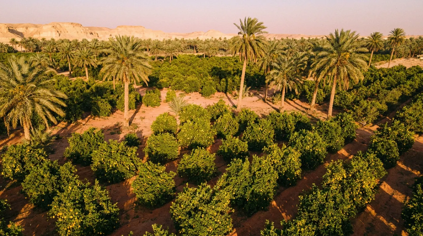 بستان حمضيّات ونخيل في واحة الأحساء عند الغروب، صفوف خضراء بليمونات صفراء بين النخيل