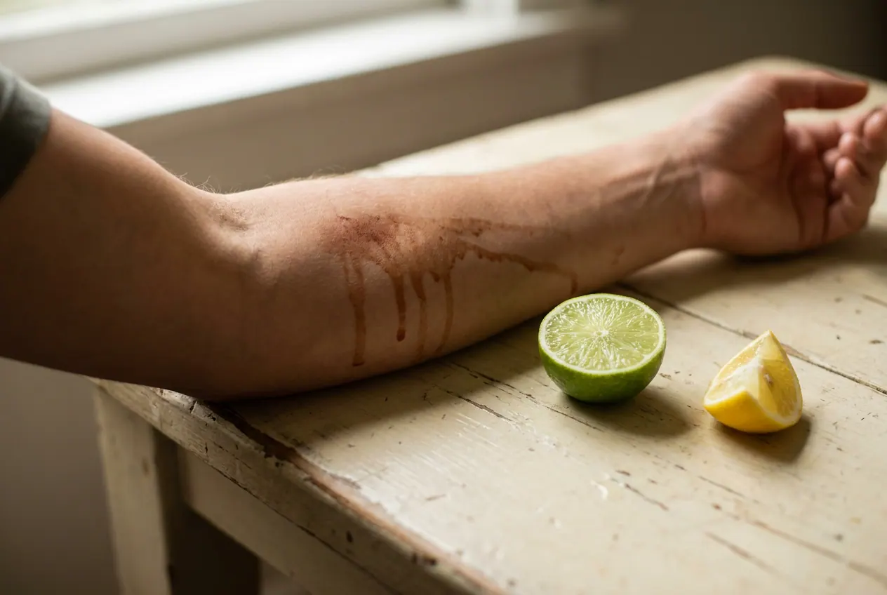 ساعد بعلامات بنّيّة حمراء على شكل خطوط من تفاعل عصير الليمون مع الشمس، Phytophotodermatitis