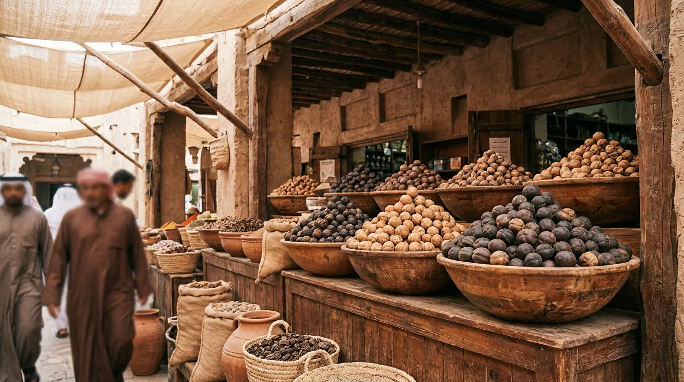 سوق توابل تقليديّ بأكوام لومي بنّيّ غامق في أوعية خشبيّة بإضاءة دافئة